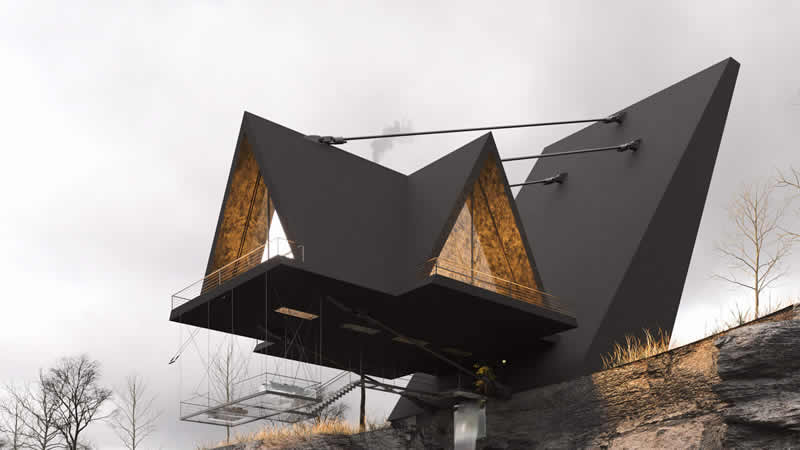  SUSPENDED A-FRAME CABIN CONCEPT IN MENDOCINO, CALIFORNIA